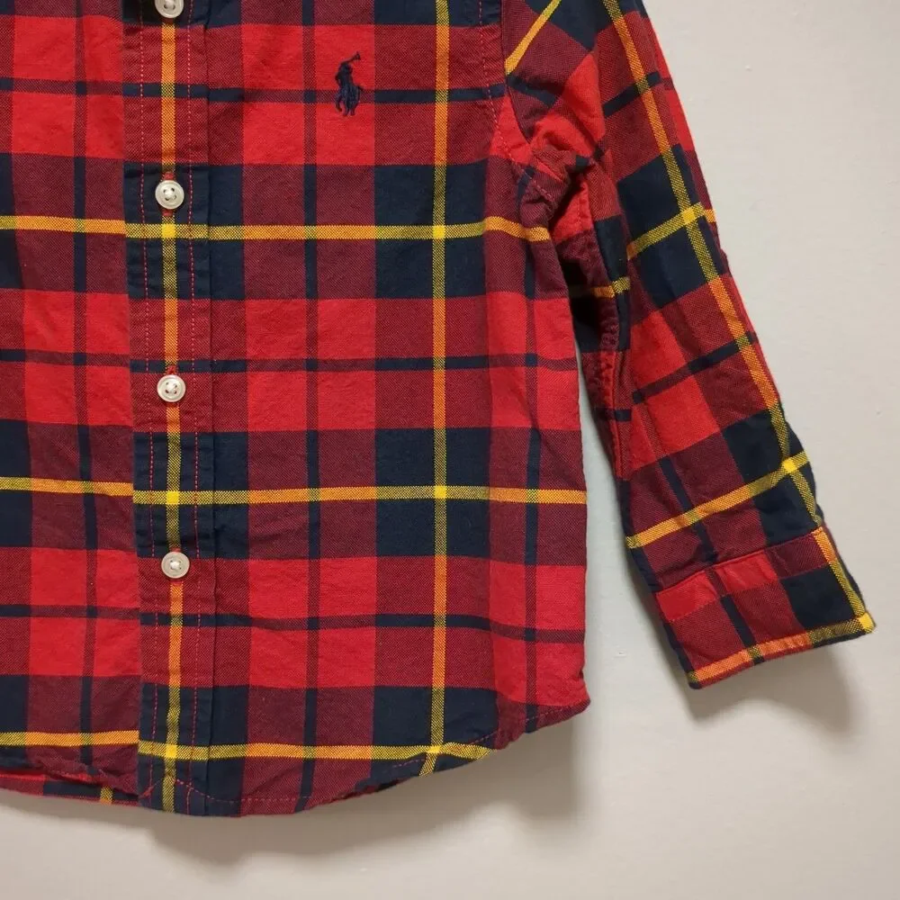 Ralph Lauren Red Black Yellow Plaid Button Down Cotton Shirt Boys Size 18 Months